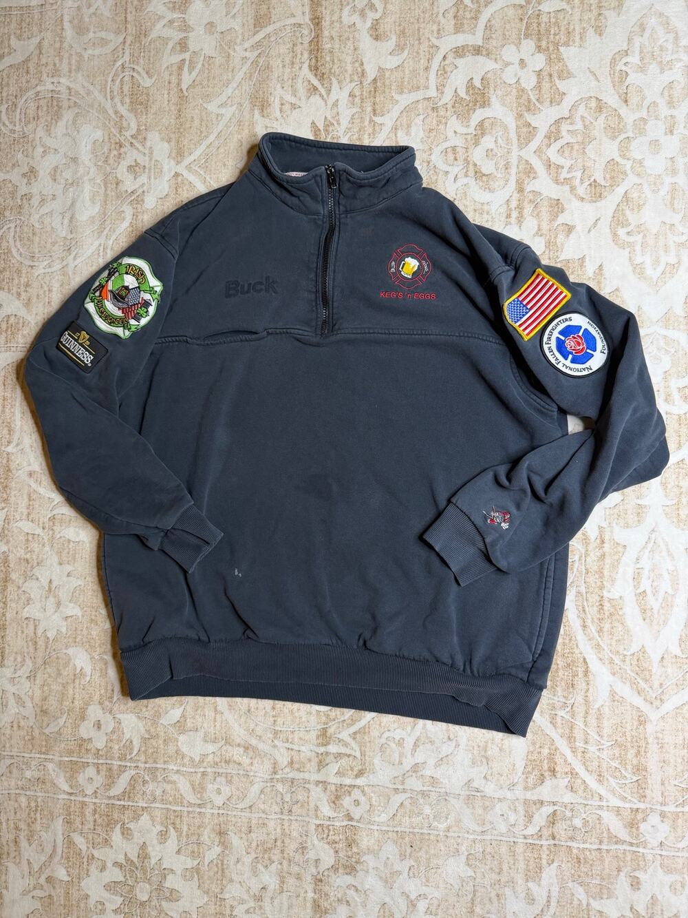 Vintage Navy Blue Firefighter Job Quarter Zip with Embroidered Patches
